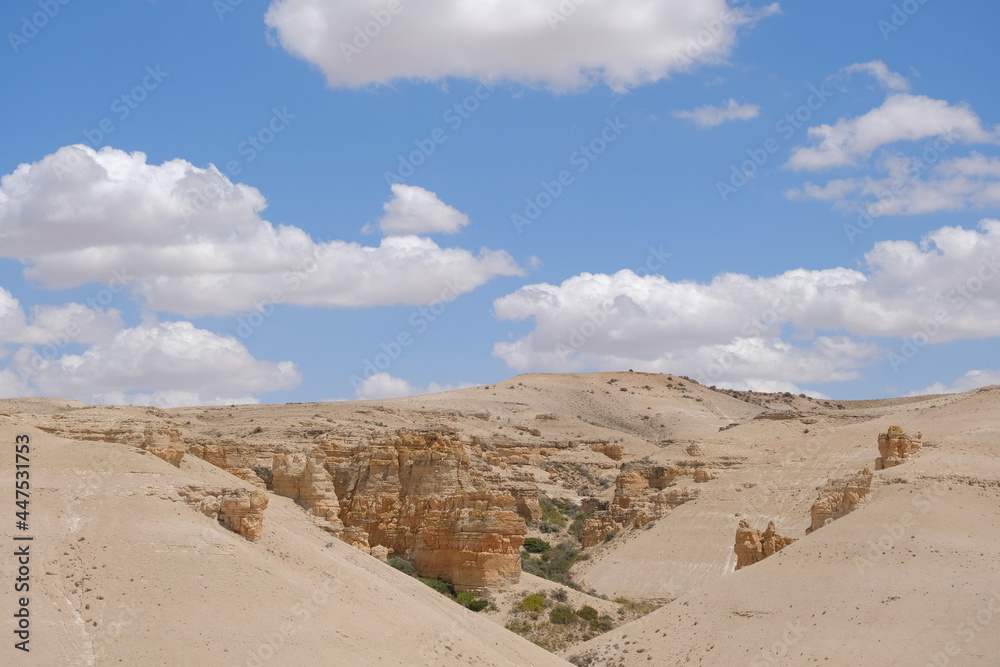 Fairy chimneys and geologic and natural stones in valley with blue sky and dessert in Turkey