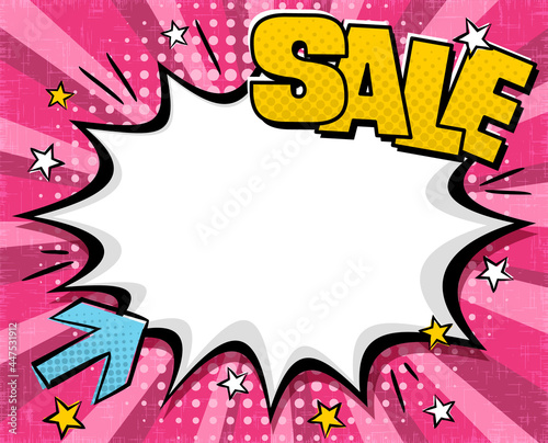 Comic banner for discounts or sales in popart style. Explosion on a ray pink background. Bright Template for web design, banners, coupons, applications and posters. Retro Vector illustration.