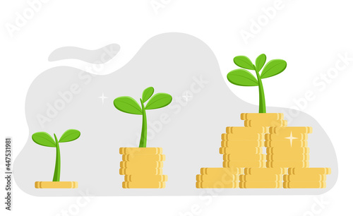 Economic concept, stock market graph rising, save and grow money. Green plants in banks. Vector illustration in flat style