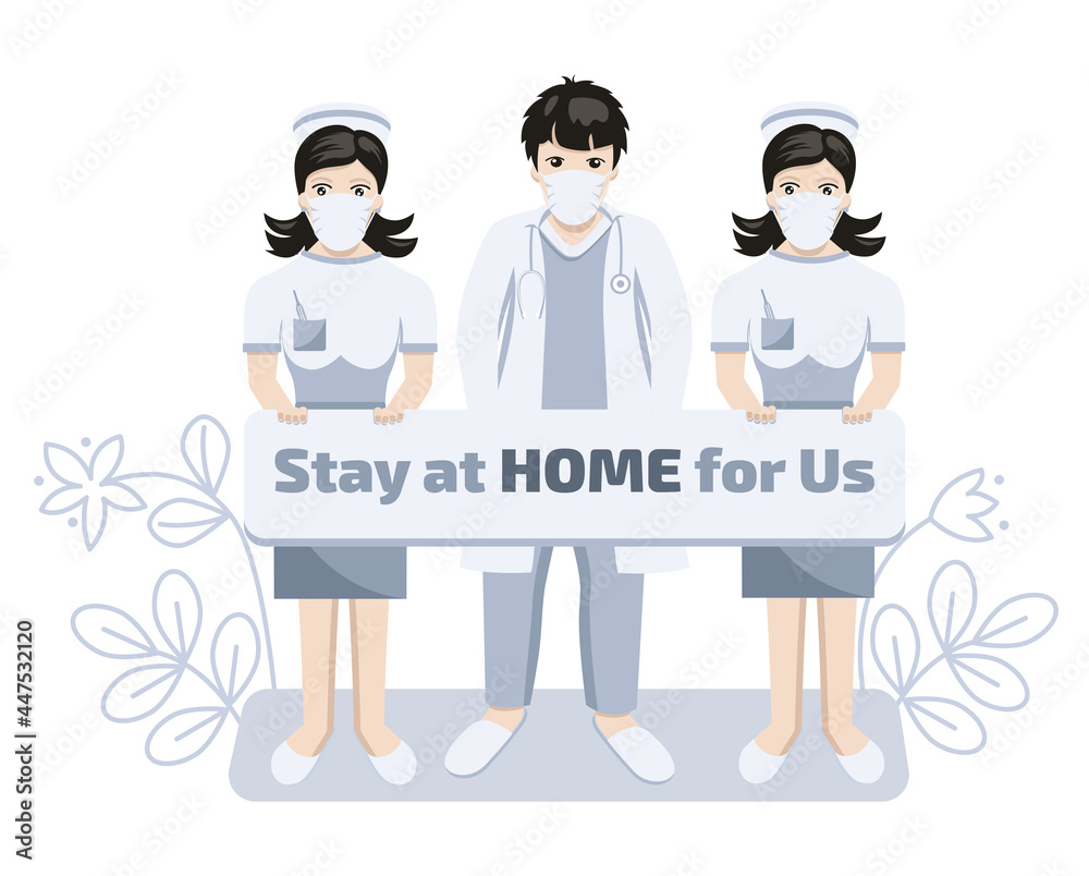 Male doctor and nurses wearing medical face white mask for preventing coronavirus symptoms, warning stay at home for us. Vector flat illustration