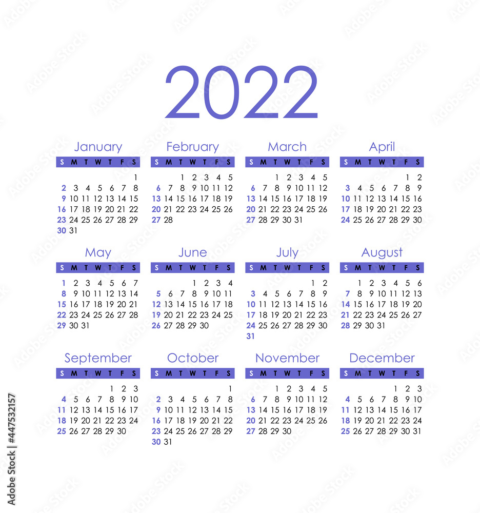 2022 Calendar template. Week Start Sunday. Calendar design in black and white, holidays in colors. Vector