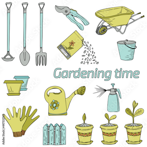 Doodle hand drawn collection of gardening tools in color, gloves, watering can, fence, flower pot, seeds pack, cleaning spray, bucket, wheelbarrow, pruners. Gardening time. Vector illustration.