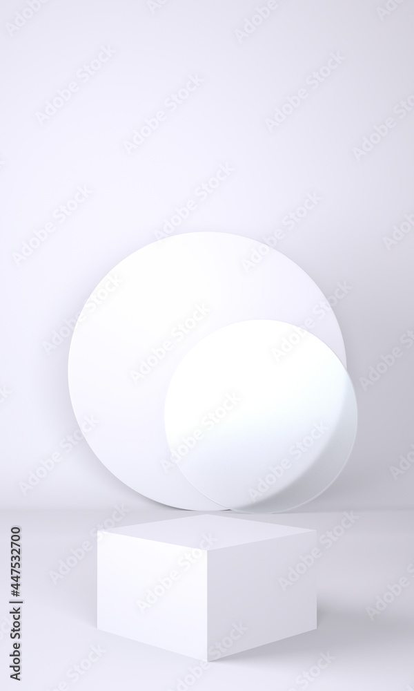3d rendering studio with geometric shapes, podium on the floor. Platforms for product presentation, mock up background.