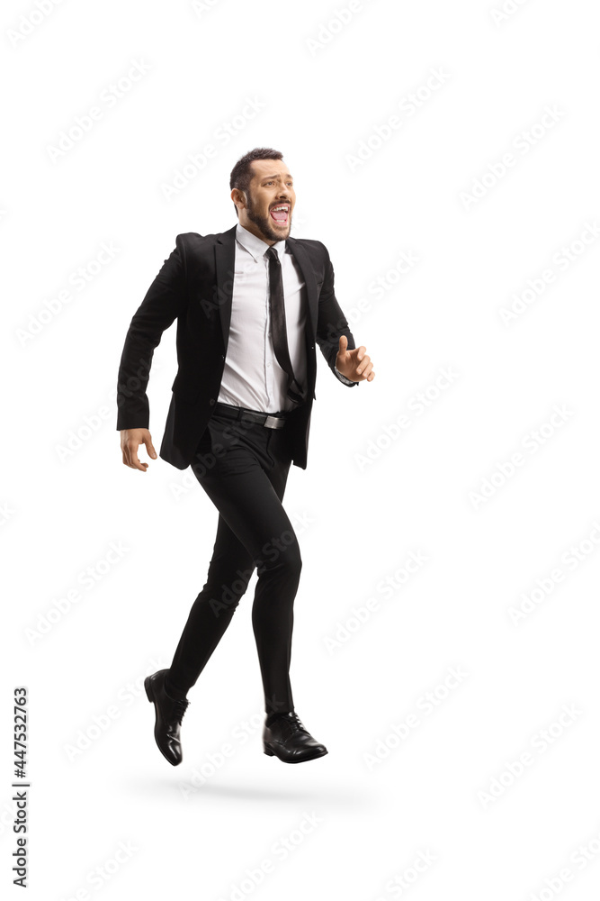 Full length shot of a businessman running and shouting Full length shot of a businessman running and shouting