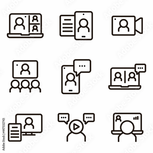 Video conference related vector line icons. Contains such icons as video call, laptop, meeting, conference call, chat and more. Virtual vector and collection.
