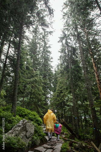 Dad and daughter climb the mountain through the forest. Family travel concept.