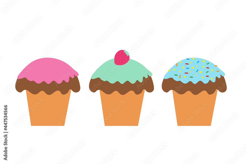 Set of muffins with colored frosting and berries on an isolated background. Tea time. Dessert. Design elements. Unhealthy food. Vector. Set of muffins with colored frosting and berries on an isolated background. Tea time. Dessert. Design elements. Unhealthy food. Vector.