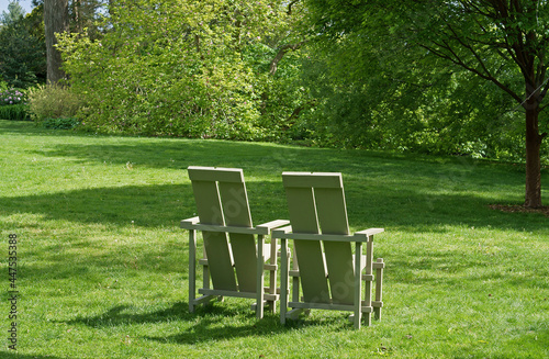 Wooden chairs in Wave Hill in Hudson Hill of Riverdale in Bronx, New York City