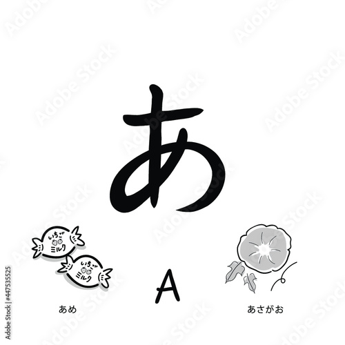 Japanese alphabets illustration Hand drawn sketch drawing. Japanese letter of A. Vector illustration of calligraphy Hiragana word with example. Graphic design elements. Isolated objects for education.