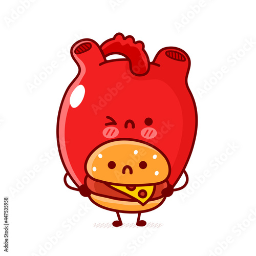 Cute sad human heart organ hold burger. Vector flat line doodle cartoon kawaii character illustration. Isolated on white background. Human heart organ, fast food cartoon mascot character concept