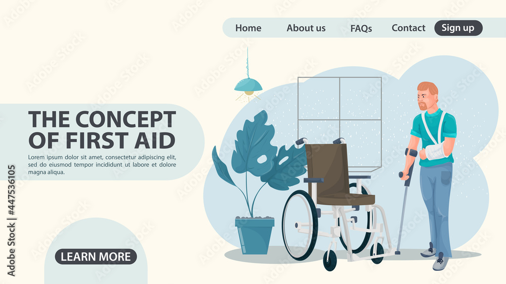 A man with an arm injury approaches a wheelchair web page design concept flat illustration cartoon