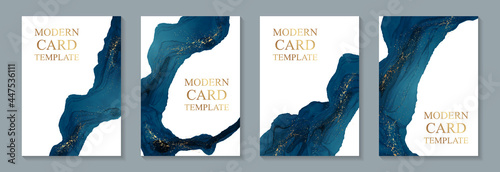 Modern watercolor background or elegant card design for birthday invite or wedding or menu with abstract dark blue ink waves and golden splashes on a white.