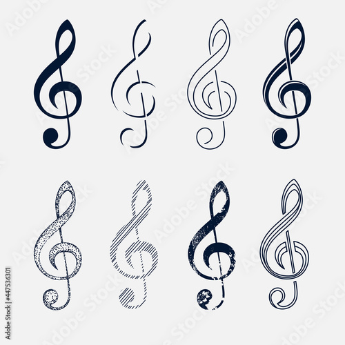 Collection of treble clef, violin key. Line design, silhouette, grunge pattern. Vector illustration