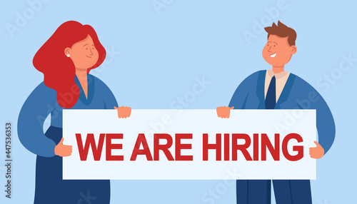 Cartoon man and woman holding banner about hiring. Flat vector illustration. HR managers inviting new workers to interview for getting office job in company. Team, work, business, vacancy concept