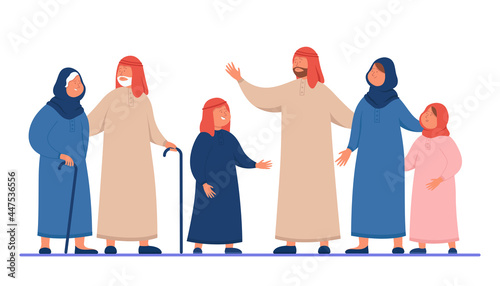 Cartoon Arabic family in traditional clothes. Flat vector illustration. Young and old muslim women and men, husband, wife, father, mother, kids, boy, girl. Culture, Saudi, family, hijab concept