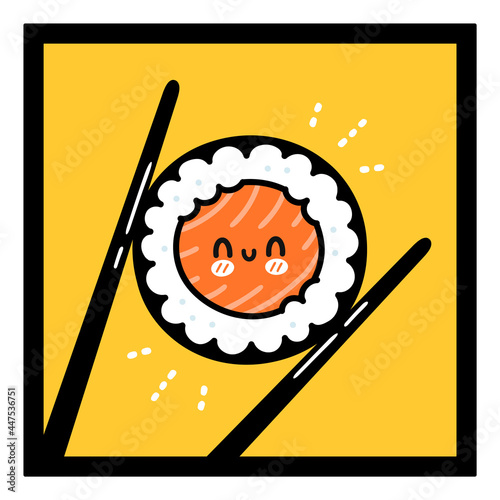 Chopsticks holding happy sushi roll character. Vector hand drawn cartoon kawaii doodle character illustration logo icon. Sushi roll cartoon face, chopsticks, asian food restaurant logo concept