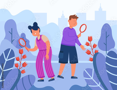 Cartoon children playing biologists with magnifying glass. Flat vector illustration. Boy and girl watching flowers, butterflies, bees outdoors as scientists. Nature, biology, discovery concept