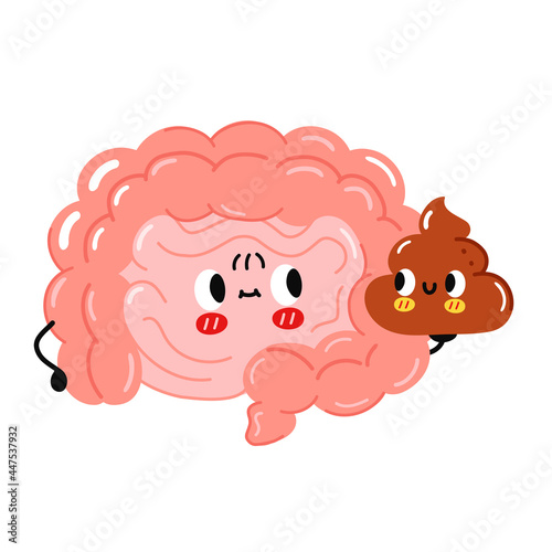 Cute funny intestine organ character hold poop. Vector hand drawn cartoon kawaii character illustration icon. Isolated on white background. Human intestine organ, poop cartoon character concept