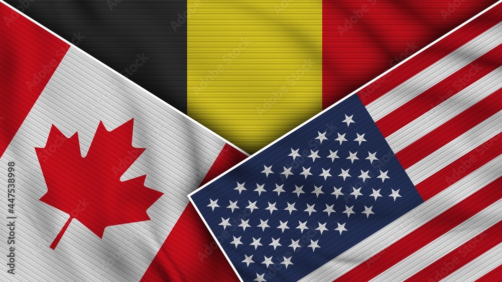 Fototapeta premium Belgium United States of America Canada Flags Together Fabric Texture Effect Illustration