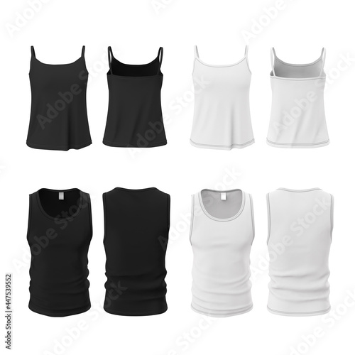 Simple sleeveless for women and men in black and white. 3d realistic mock-up of underwear, sportswear isolated on white background. Front and back views.