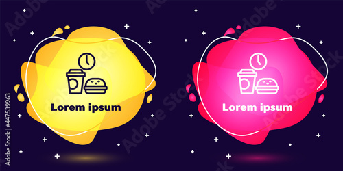 Set line Fast food time icon isolated on blue background. Abstract banner with liquid shapes. Vector