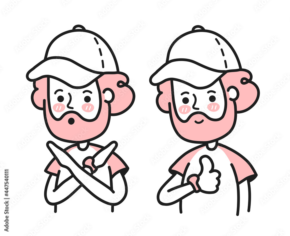 Young man crossing arms saying no gesture show thumbs up. Vector doodle cartoon character illustration. Person making X shape,stop sign with hands, negative and positive expression. Yes and no concept Young man crossing arms saying no gesture show thumbs up. Vector doodle cartoon character illustration. Person making X shape,stop sign with hands, negative and positive expression. Yes and no concept