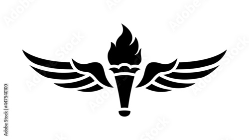 Winged torch logo. Print, torch with wings.