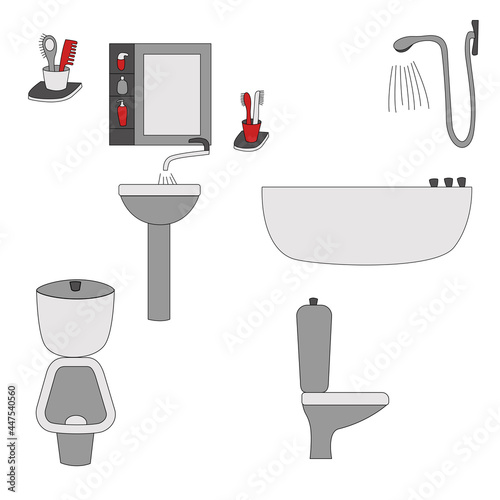 Bathroom with toilet, shower, mirror and sink and accessories. Vector illustration. Isolated.