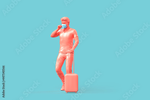 Tourist in medical mask with suitcase. 3D illustration