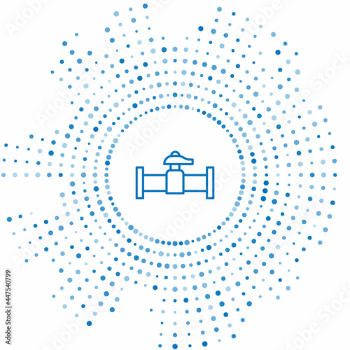 Blue line Industry metallic pipe and valve icon isolated on white background. Abstract circle random dots. Vector
