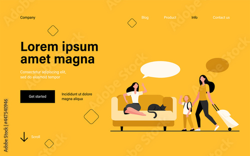 Mom and little daughter with luggage going to vacation. Woman with cat staying at home flat vector illustration. Travel, communication concept for banner, website design or landing web page
