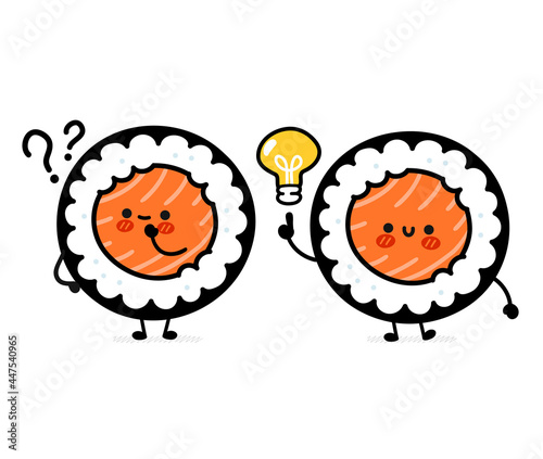 Cute funny sushi roll character with idea light bulb and question. Vector flat cartoon kawaii character illustration icon. Isolated on white background. Sushi roll,maki,asian food cartoon concept