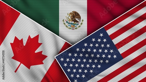 Mexico United States of America Canada Flags Together Fabric Texture Effect Illustration