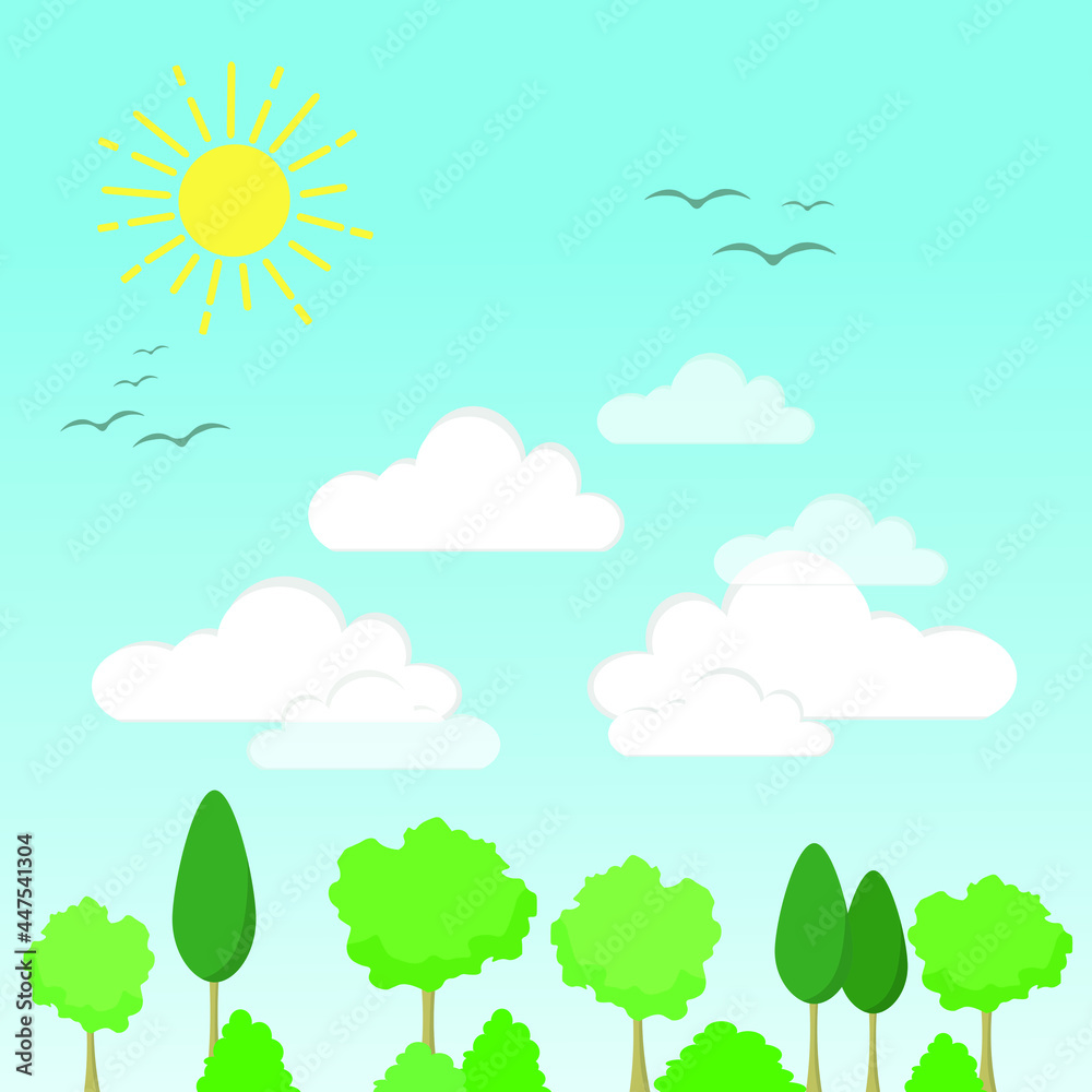 Vector nature illustration at summer time. Green trees and grass. White clouds and flying birds in a blue sky. Shining sun illustration.