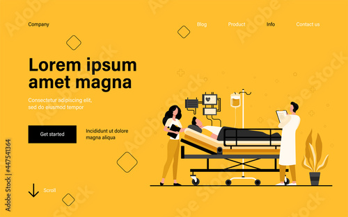Doctor and nurse giving medical care to patient in bed isolated flat vector illustration. Cartoon medicine specialists giving support for man. Intensive therapy and healthcare concept