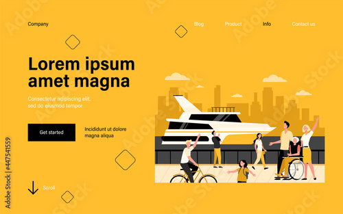 People enjoying vacation and walking by sea or river, waving hello at boat. Flat vector illustration for tourists, seaside, quay, leisure time in summer concept