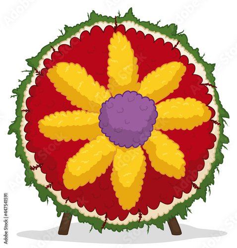 Round Silleta with wooden legs decorated with giant flower design, Vector illustration