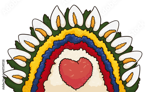 Floral arrangement decorated with Colombian colors, heart and foliage, Vector illustration