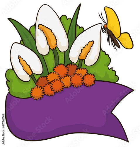 Floral arrangements with anthuriums, pom poms butterfly and ribbon, Vector illustration