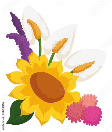 Bouquet made with sunflower  pompoms  anthuriums and lavender corsages  Vector illustration