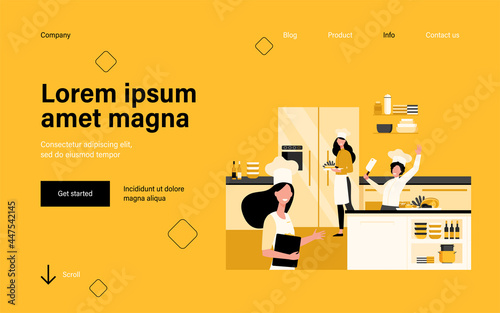 Professional chefs cooking at restaurant kitchen flat vector illustration. Happy cartoon cooks preparing food and desserts for cafe. Interior, gourmet and hospitality concept