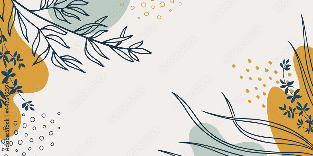 Botanical banner with organic shapes, leaves, plants. Abstract natural elements in trendy doodle style for holiday, business. Simple, minimal design. Modern vector background, greeting card, template