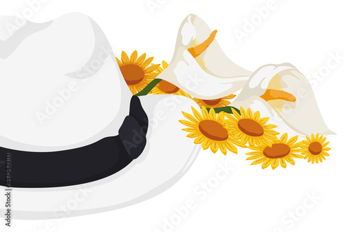 Design with white hat, anthuriums and daisies, Vector illustration photo