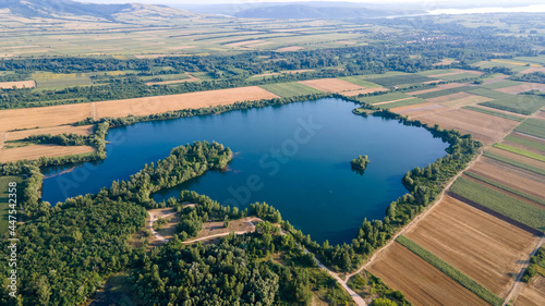 Aerial view of lake. Shooting from the air. Environmental, healthy lifestyle concept. Aerial view of Europe landscape.
