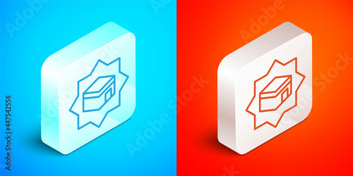 Isometric line Kaaba mosque icon isolated on blue and red background. Kaaba hajj Mecca pray pilgrimage Ramadan Islam muslim mosque. Silver square button. Vector