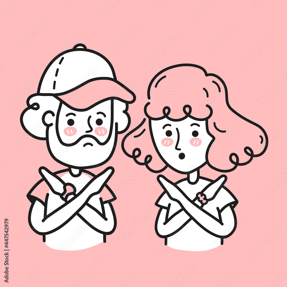 Young man and woman crossing arms and saying no gesture. Vector doodle cartoon character illustration. Person making X shape, stop sign with hands and negative expression Young man and woman crossing arms and saying no gesture. Vector doodle cartoon character illustration. Person making X shape, stop sign with hands and negative expression