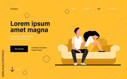 Boyfriend holding shoulder and consoling sad woman. Sofa, family, support flat vector illustration. Depression and melancholy concept for banner, website design or landing web page