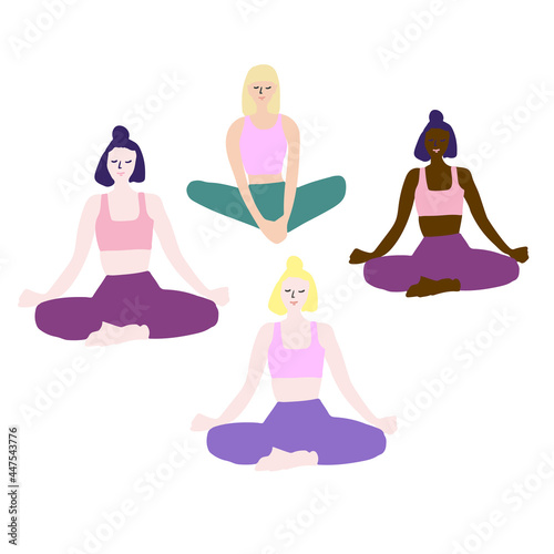 Yoga class illustration, women practice yoga and meditation