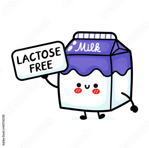 Cute funny happy milk box with lactose free sign. Vector hand drawn cartoon kawaii character illustration icon. Isolated on white background. Milk dairy box, lactose free cartoon character concept