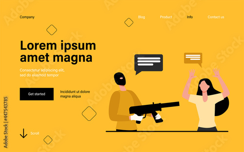 Criminal in mask aiming gun at scared victim. Woman raising arms and talking to offender flat vector illustration. Robbery, hostage taking concept for banner, website design or landing web page